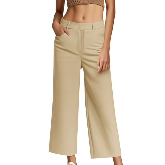 Fesfesfes Women's High Waisted Wide-Leg Work Pants Loose Comfy Business Casual Outfits 2025 Office Dressed Pants Trousers with Pockets(Beige,L)