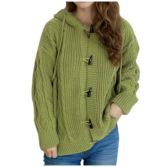 Fesfesfes Women's Hooded Knit Cardigan Fall Winter Solid Color Toggle Button Closure Long Sleeve Sweater with Ribbed Cuffs Loose Comfy Tops(Green,M)