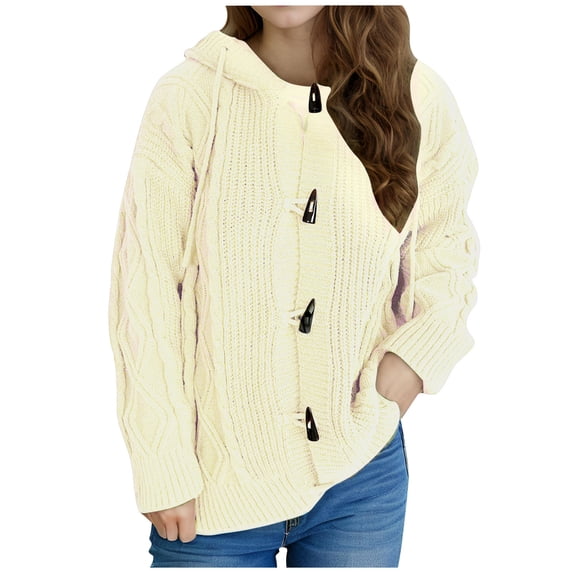 Fesfesfes Women's Hooded Knit Cardigan Fall Winter Solid Color Toggle Button Closure Long Sleeve Sweater with Ribbed Cuffs Loose Comfy Tops(White,L)