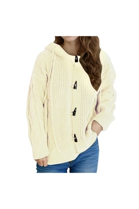 Women's Hooded Knit Cardigan Fall Winter Solid Color Toggle Button Closure Long Sleeve Sweater with Ribbed Cuffs Loose Comfy Tops(White,S)