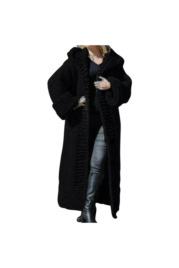 Women's Knit Coat Loose Long Open Front Cardigan Hooded Coat Solid Color Hooded Sweater Top