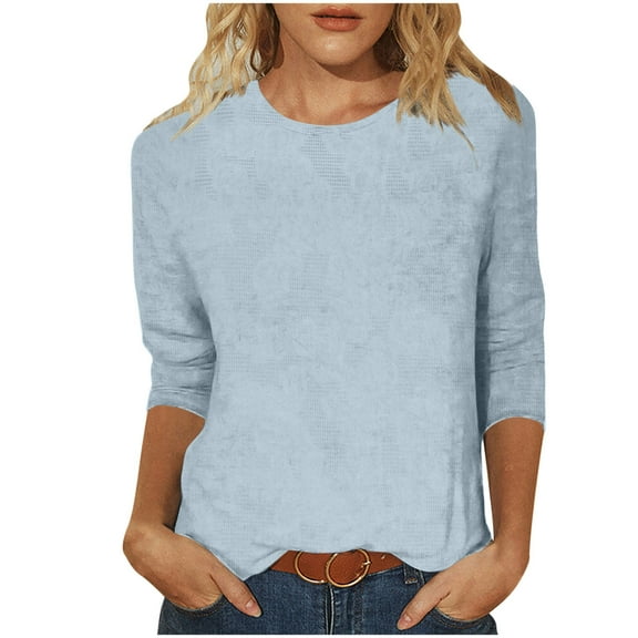 Fesfesfes Women's Knit Crew Neck Tops Trendy Solid Color Loose Soft Breathable T-shirt 3/4 Sleeves Round Neck Casual Outdoor Blouse