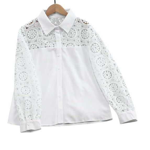 Fesfesfes Women's Lace-Embellished White Shirt Pointed Collar Long Sleeves with Buttoned Cuffs Straight Intricate Floral Lace Panelsblouses(White#1,L)