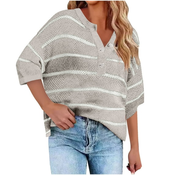 Fesfesfes Women's Leisure Tops Fall Winter Long Sleeve V-Neck Striped Color-Block Sweater Soft Breathable Fabric Versatile for Daily office(Gray#1,L)