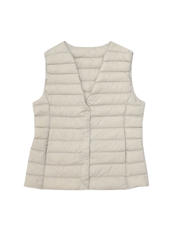 Women's Lightweight Button Up V-neck Puffer Vest with Pockets Sleeveless Warm Quilted Gilet for Fall Winter Casual Daily Wear and Layering