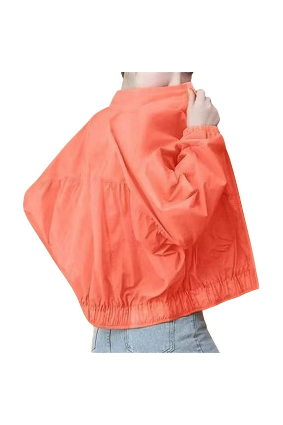 Women's Lightweight Sun Protective Tops High-Stand Collar Elastic-Cuffed Sleeves Gathered Hem Breathable Fall Summer Blouses(Orange,XL)