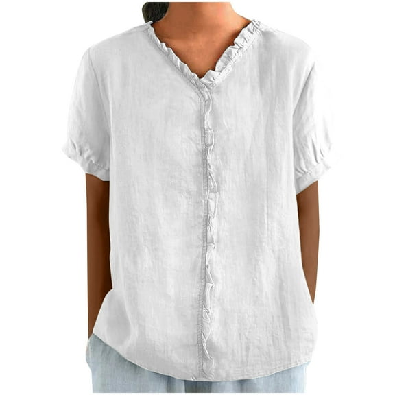 Fesfesfes Women's Linen T-shirt Featuring Ruffled V-neckline Front Placket Short Puff Sleeves Tee Solid Color Summer Loose Breathable Tops(White,XL)