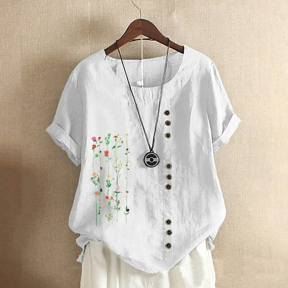 Fesfesfes Women's Linen Tops Fashion Print Short Sleeve Tops Blouse Round Neck Button Casual Tops