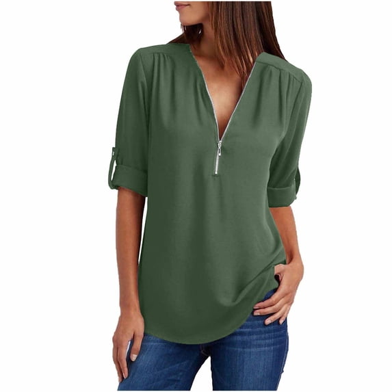 Fesfesfes Women's Long Sleeve Shirts Zip V-Neck Tops Casual Tunic Dressy Pullover Blouse Tops Sale Items