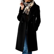 Fesfesfes Women's Longline Faux Wool Coat Lapel Collar Button Down Loose Fit Casual Outerwear with Pockets Lined for Fall Winter Daily Wear Cozy Warm Elegant