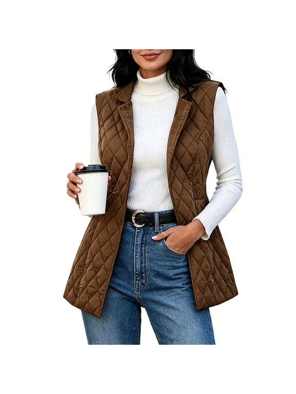 Women's Longline Quilted Puffer Vest Stand Collar Full Zip Sleeveless Warm Outerwear with Pockets for Fall Winter Daily Wear and Layering
