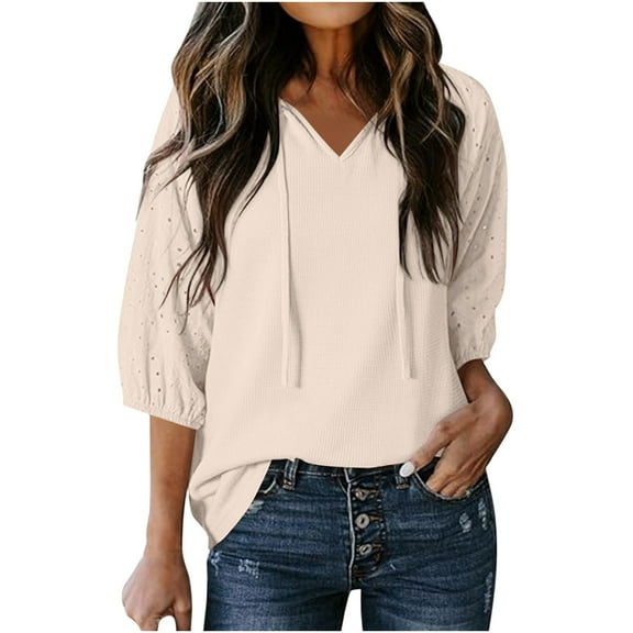 Fesfesfes Women's Loose T-Shirt Textured Eyelet Three-Quarter Sleeves Round Neck Tops with Drawstring Solid Color Summer Casual Blouses(Beige,S)