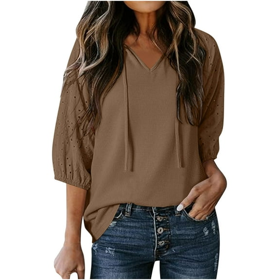 Fesfesfes Women's Loose T-Shirt Textured Eyelet Three-Quarter Sleeves Round Neck Tops with Drawstring Solid Color Summer Casual Blouses(Brown,L)