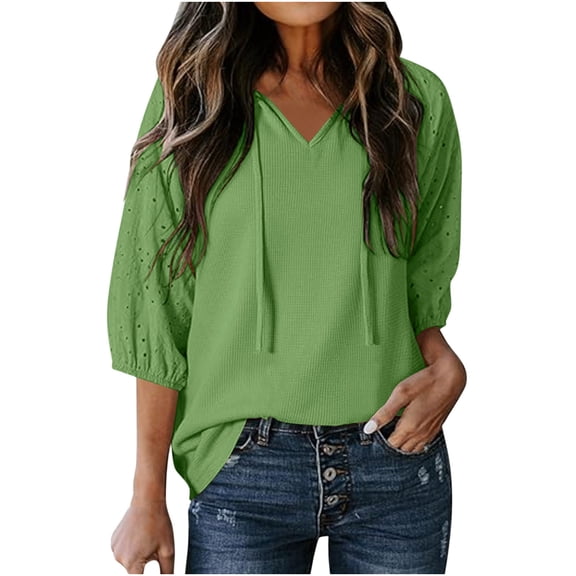 Fesfesfes Women's Loose T-Shirt Textured Eyelet Three-Quarter Sleeves Round Neck Tops with Drawstring Solid Color Summer Casual Blouses(Green,M)