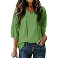thumbnail image 1 of Fesfesfes Women's Loose T-Shirt Textured Eyelet Three-Quarter Sleeves Round Neck Tops with Drawstring Solid Color Summer Casual Blouses(Green,XL), 1 of 8