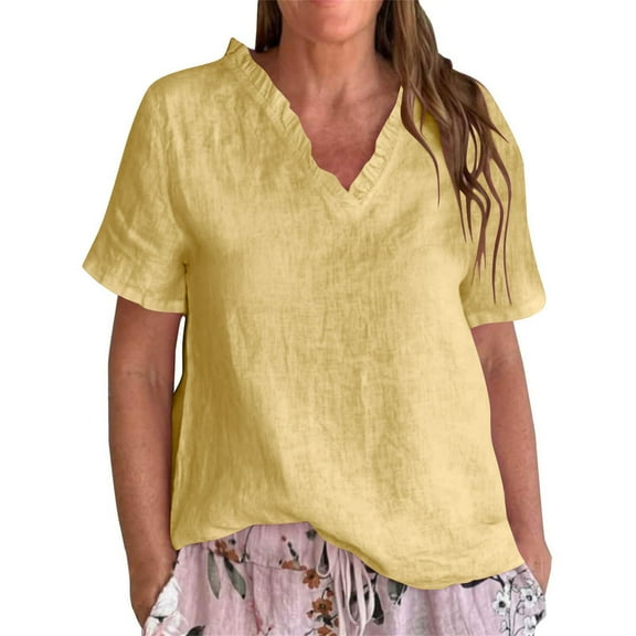 Fesfesfes Women's Loose T-shirt Summer Solid Color Trendy Linen Ruffled Neckline Tops Short Sleeve Comfortable Causal Pullover Blouses