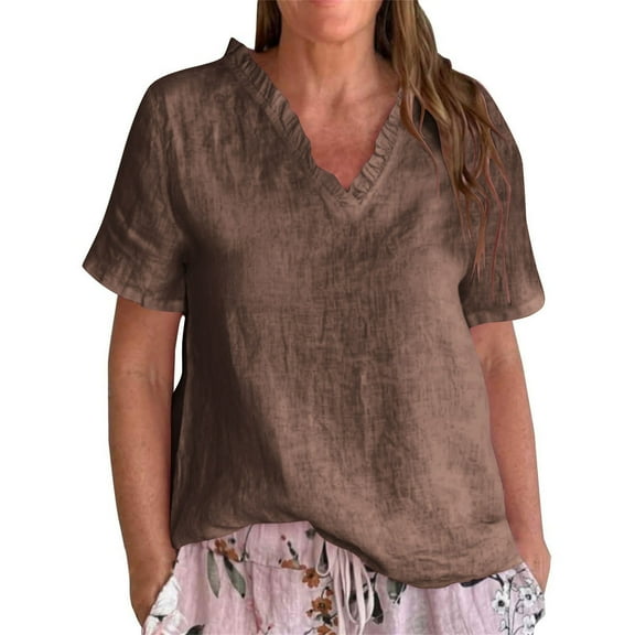 Fesfesfes Women's Loose T-shirt Summer Solid Color Trendy Linen Ruffled Neckline Tops Short Sleeve Comfortable Causal Pullover Blouses