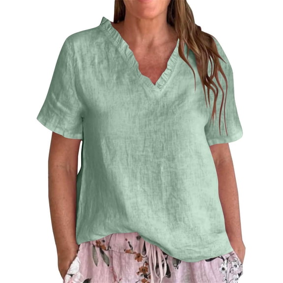 Fesfesfes Women's Loose T-shirt Summer Solid Color Trendy Linen Ruffled Neckline Tops Short Sleeve Comfortable Causal Pullover Blouses
