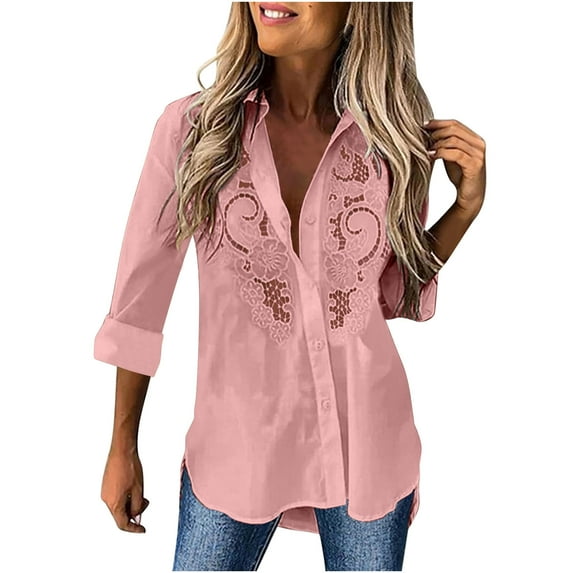 Fesfesfes Women's Loose Tops Casual Vibe Lace V-Neck Foldtable Three-Quarter Sleeves Slightly Curved Hem Blouses Summer Trendy T-Shirt(Hot Pink,M)
