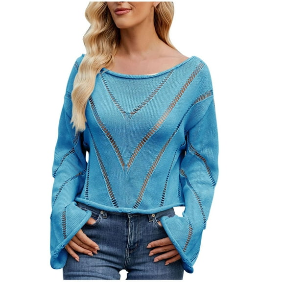 Fesfesfes Women's Loose Tops Fall Winter Long Sleeve with Ribbed Cuffs Round Neck Sweater Trendy Color-Blocked Warmkeeping Blouses(Blue#2,S)