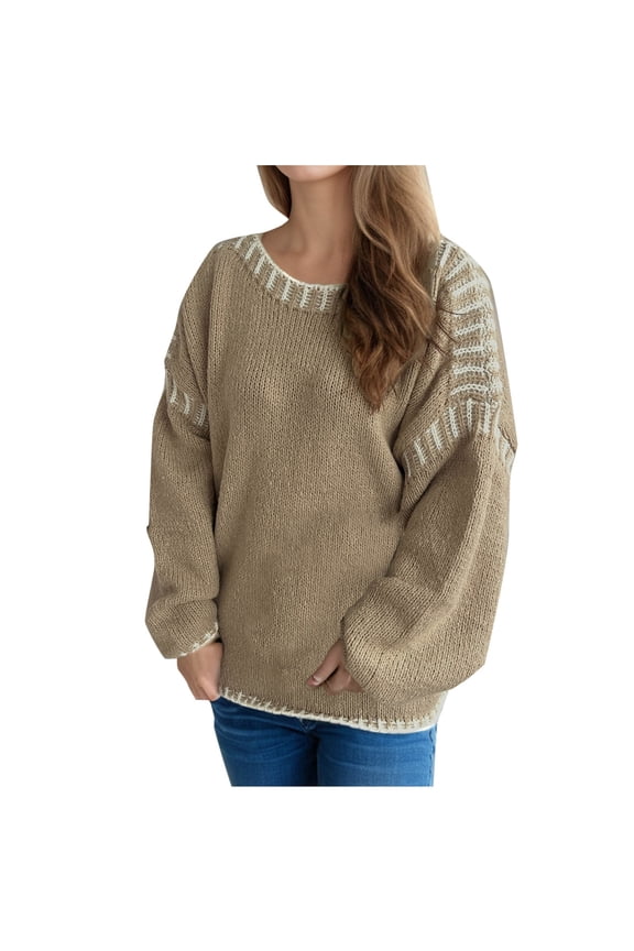 Women's Loose Tops Fall Winter Long Sleeve with Ribbed Cuffs Round Neck Sweater Trendy Color-Blocked Warmkeeping Blouses(Khaki,L)