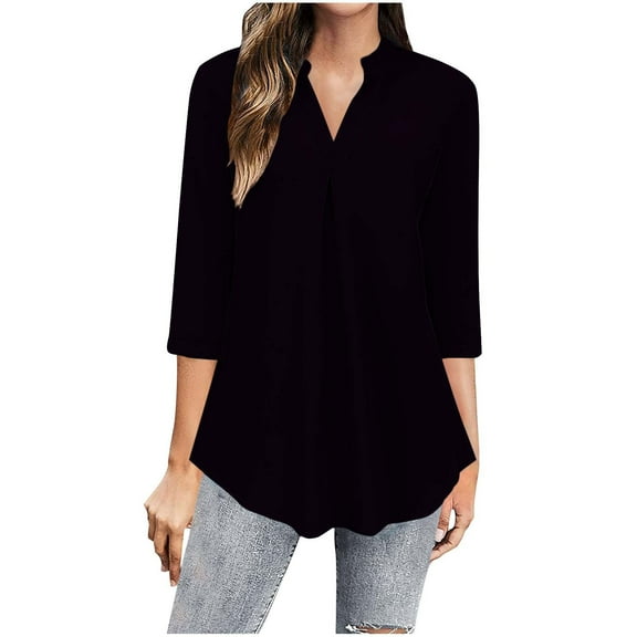 Fesfesfes Women's Loose Tops Summer Casual V-Neck Three-Quarters Sleeves Blouses Trendy Casual Style with Curved Hem Daily Wearing(Black,S)