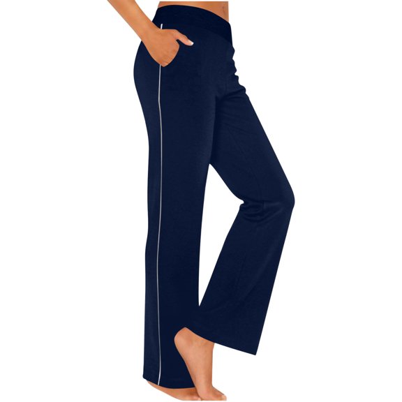 Fesfesfes Women's Home Wide-Leg Pants Elastic Waistband with Contrast Piping Trousers Loose Flowy Yoga Sweatpants Workout Comfy Jogger(Navy,M)