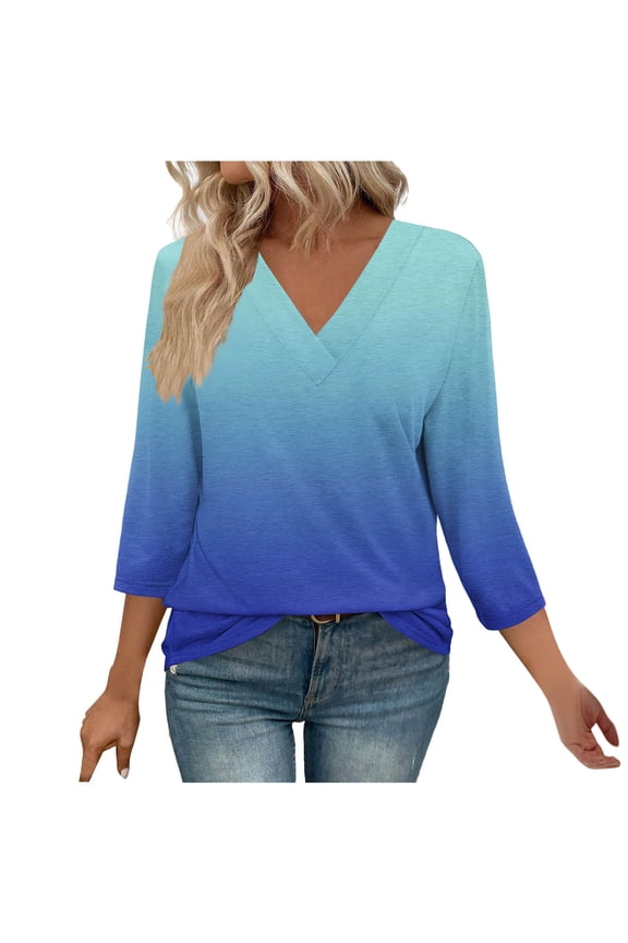 Women's Modern Tops Three-Quarters Sleeve V-Neck Comfortable T-Shirt Elegant Flattering Comfy Contrast Color Summer Blouse(Black,S)