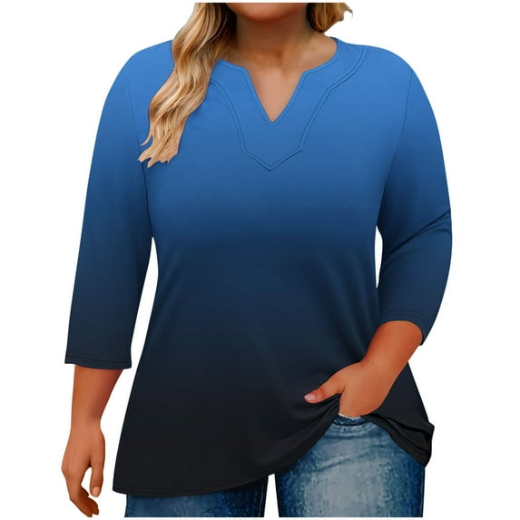 Fesfesfes Women's Notched V-Neck Blouses Summer Multi-Color Gradient Oversize 3/4 Sleeve T-shirt Soft Stretch Fabric Summer Casual Tops (Navy,3XL)