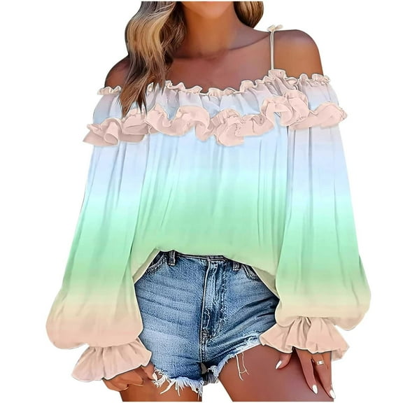 Fesfesfes Women's Off-Shoulder Gradient Blouses Strap Neckline Lantern Sleeves with Ruffled Cuffs Tops Double-Layer Ruffled Sequin Outdoor(Light Blue,4XL)