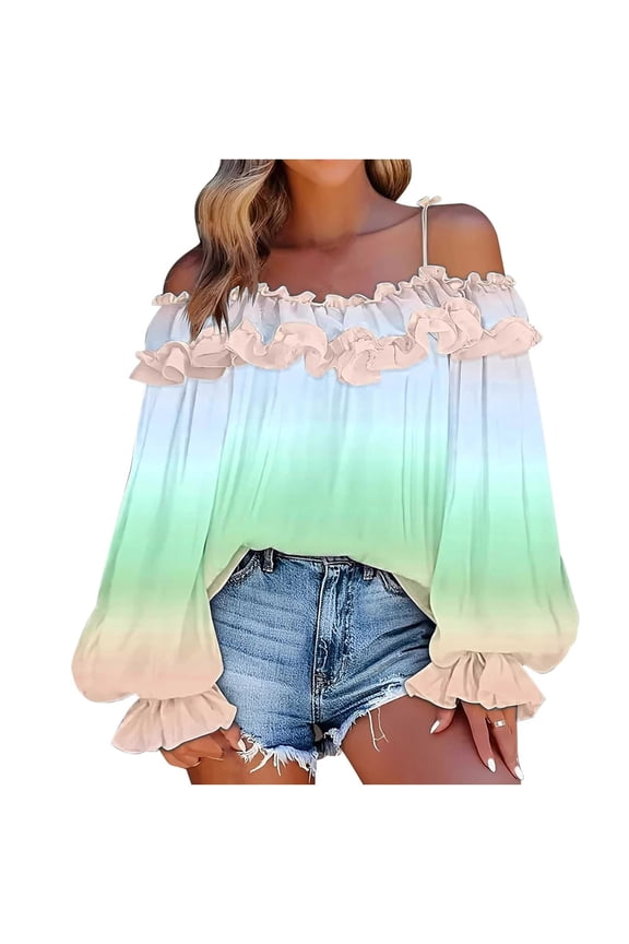 Women's Off-Shoulder Gradient Blouses Strap Neckline Lantern Sleeves with Ruffled Cuffs Tops Double-Layer Ruffled Sequin Outdoor(Light Blue,M)