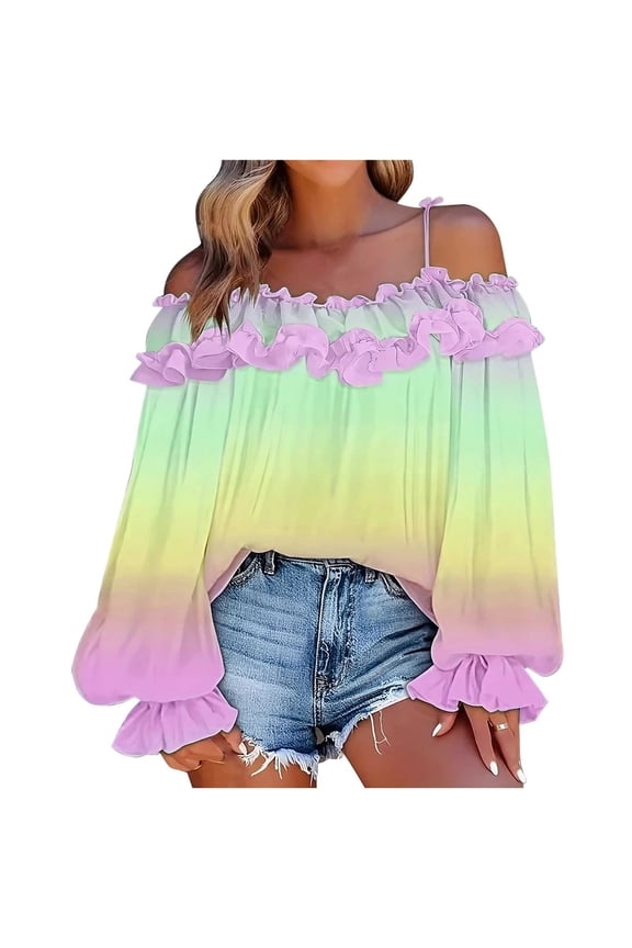 Women's Off-Shoulder Gradient Blouses Strap Neckline Lantern Sleeves with Ruffled Cuffs Tops Double-Layer Ruffled Sequin Outdoor(Green,L)