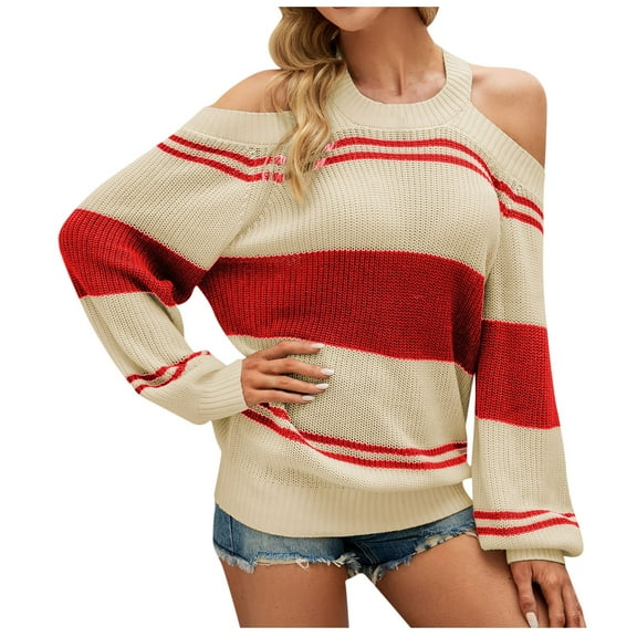 Fesfesfes Women's Off Shoulder Sweater Stripe Splicing Knit Tops Recreational Pullove Knitting Straped Sweater Long Sleeve Tops or
