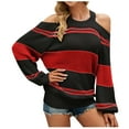 thumbnail image 1 of Fesfesfes Women's Off Shoulder Sweater Stripe Splicing Knit Tops Recreational Pullove Knitting Straped Sweater Long Sleeve Tops or, 1 of 9