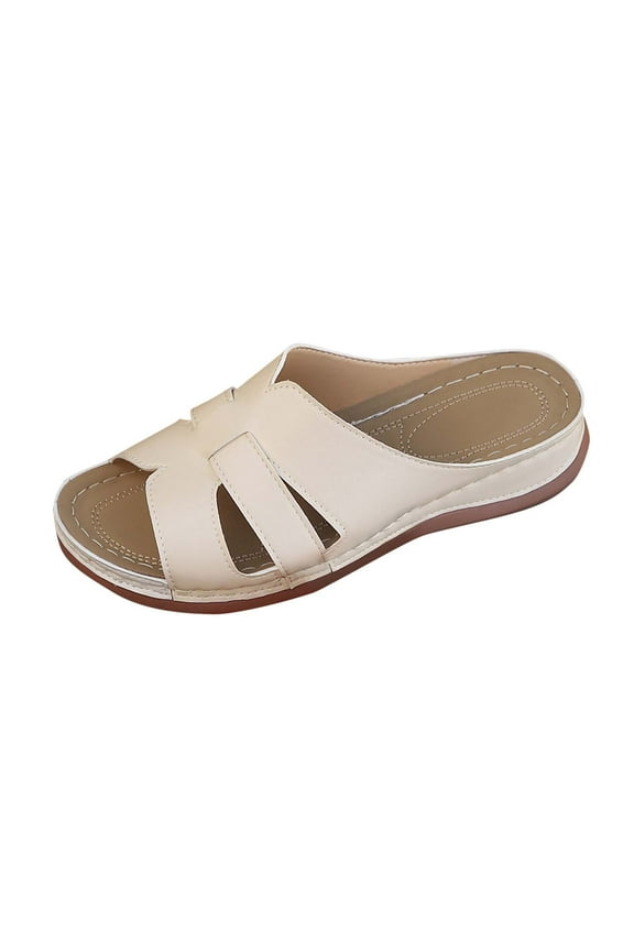 Women's One-Line Hollow Wedge Sandals Summer Fish Mouth Casual Shoes Lightweight for Outdoor Walking Comfortable(Beige,US 5.5)