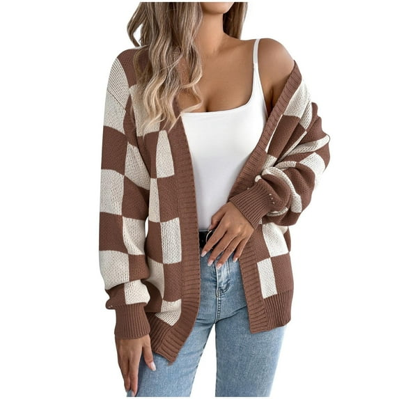 Fesfesfes Women's Open-Front Cardigan Striped color Round Neckline Long Tapered Cuffs Loose Oversized Soft Fabric for Casual Everyday Wear(Coffee#2,M)