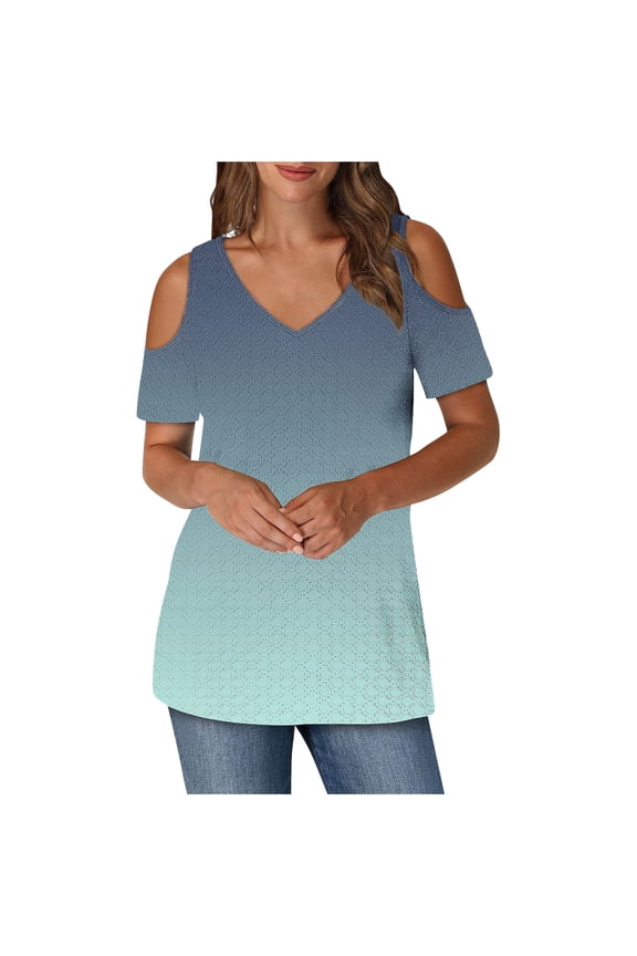 Women's Open-Shoulder Tops Summer Casual Short Sleeves V-Neck Blouses Comfortable Loose Party Clothes Fashionable Outdoor T-shirt(Army Green,M)