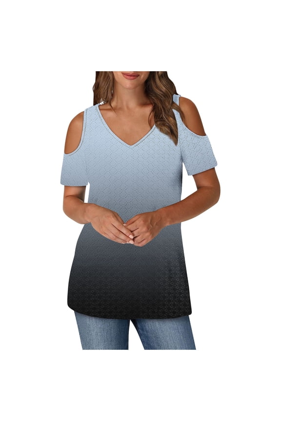 Women's Open-Shoulder Tops Summer Casual Short Sleeves V-Neck Blouses Comfortable Loose Party Clothes Fashionable Outdoor T-shirt(Gray,L)