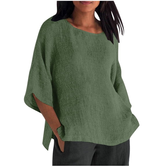 Fesfesfes Women's Oversize Blosues Home Casual Three-Quarter Sleeves Round Neck T-shirt Solid Color Loose Breathable for Daily Wearing(Army Green,L)