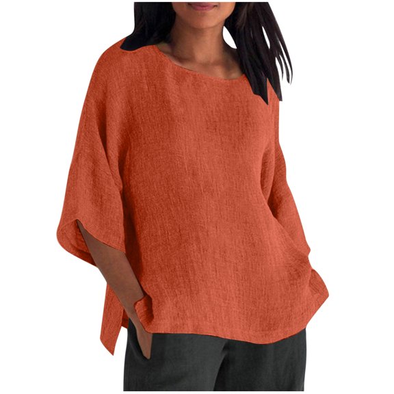 Fesfesfes Women's Trendy Tee Summer Half-Batwing Sleeves Solid Color Crew Neck Tops Home Daily Wearing Curved Hem with Side Slits T-shirt(Orange,M)