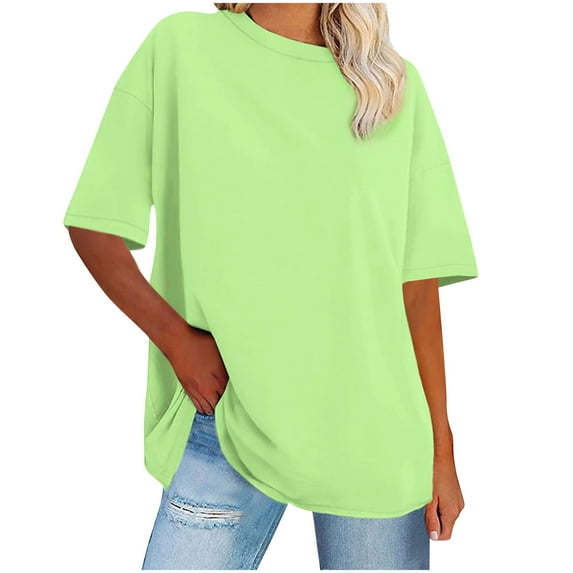 Fesfesfes Women's Oversize Blouse Loose Breathable Shoulder Drop Short Sleeve T-Shirt Round Neck Solid Color Tee for Casual Daily Wear
