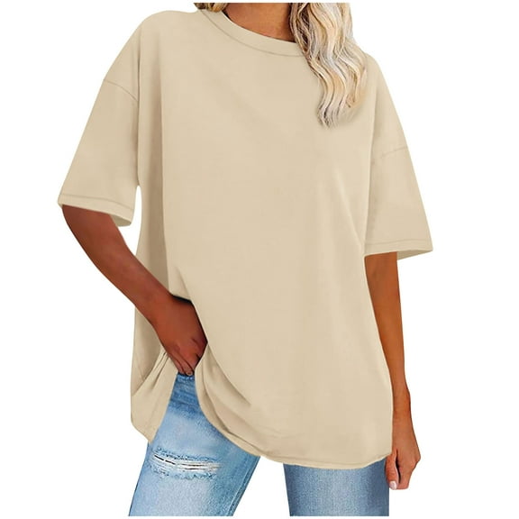 Fesfesfes Women's Oversize Blouse Loose Breathable Shoulder Drop Short Sleeve T-Shirt Round Neck Solid Color Tee for Casual Daily Wear
