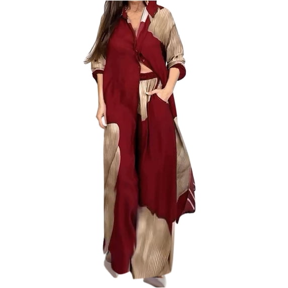Fesfesfes Women's Patchwork Two-Piece Set Casual Turndown Collar Roll-Up Long Sleeve Full-Length Shirt Loose Long Pants for Casual Wear(Red,XL)