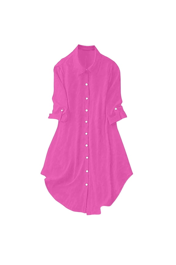 Women's Plus Blouse Pointed Collar 3/4 Length Buttoned Cuffs Front Button Closure Lightweight Fabric for Casual Semi-Formal Wear(Hot Pink,S)