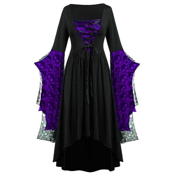 Fesfesfes Women's Plus Size Fall Dress Gothic Large Size Sleeve Skull Lace Print Long Sleeve Bandage Retro Long Dress