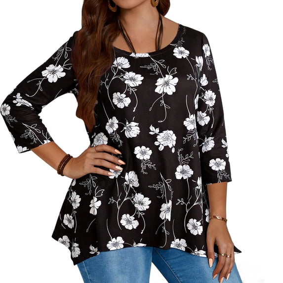 Fesfesfes Women's Plus Size Tops Trendy Color Blocked Three-Quarter Sleeves Classic Round Neck T-shirt Loose Comfy Easy Pairing with Jeans