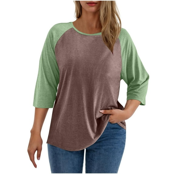 Fesfesfes Women's Plus Size Tops Trendy Color Blocked Three-Quarter Sleeves Classic Round Neck T-shirt Loose Comfy Easy Pairing with Jeans(Green,M)
