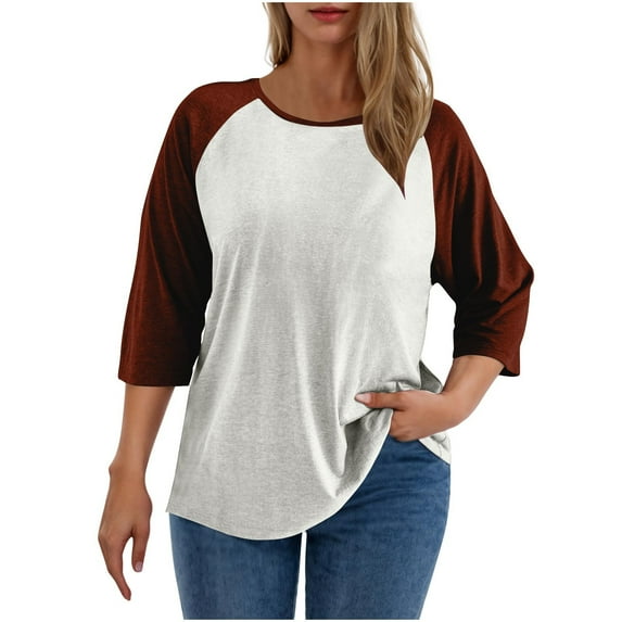 Fesfesfes Women's Plus Size Tops Trendy Color Blocked Three-Quarter Sleeves Classic Round Neck T-shirt Loose Comfy Easy Pairing with Jeans(White,L)
