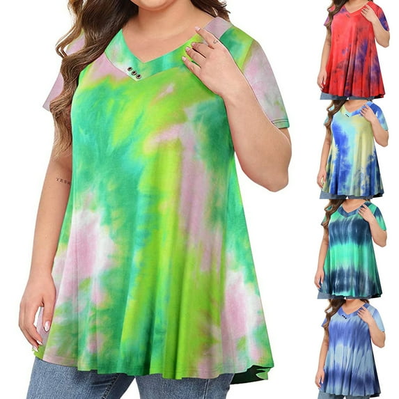 Fesfesfes Women's Plus Tops Tshirts for Women Oversize Tops Tie-dye Print Short Sleeve V-neck Blouse Pleated Hem Shirt Tshirts Shirts for Women 4XL(US:16)