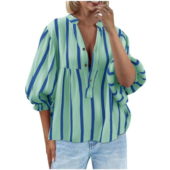 Fesfesfes Women's Print Color T-Shirt Three-Quarters Sleeve V-Neck Pullover Tops with Buttons Down Hem Fashion for Fall Outdoor Blouses(Army Green,S)